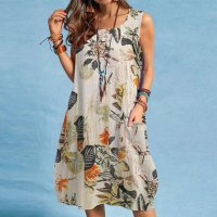 ZANZEA Plus Size Dames Plant Print Jurk Knop Pocket Mouwloos Katoen Linnen Casual Vakantie Midi Jurken S 5XL