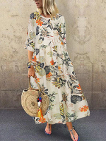 ZANZEA Plus Size Dames Strand Lange Jurk Retro Bloemenprint Ronde Hals Drie Vierde Mouw Plissé Strand Maxi Jurken