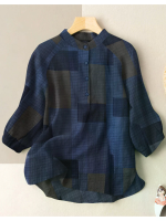 ZANZEA Plus Size Loose Fit Ruitpatroon Knop Staande Kraag 3/4 Mouw Katoen Linnen Dames Blouse