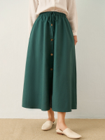 Solid Drawstring Waist Pocket Button Front Women Skirt
