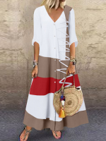 Veelkleurige patchwork maxi jurk met V hals en knopen