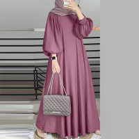 ZANZEA Vrouwen Etnische Stylish Effen Crew Neck Maxi Jurk Elegante Lantaarn Mouwen A Lijn Jurk