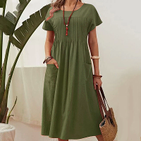 ZANZEA Vrouwen Korte Mouw Plooi Party Lange Jurk Casual Loose Zomerdress Maxi Jurk met Zakken