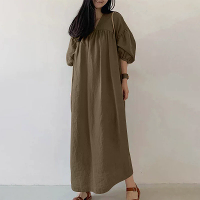 ZANZEA Vrouwen Maxi Jurken Effen Kleur Zevenkwart Mouwen Lange Jurken Plus Size Vrouwen Jurken