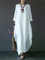 ZANZEA Vrouwen Plus Size Katoen Linnen Effen Baggy Zakken Zomer Maxi Jurk