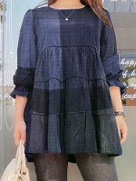 Vrouwen Schotse ruit Pofmouw Losse Inzet Ronde hals Geplooide Effen Casual Blouses