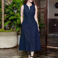 ZANZEA Vrouwen Vintage Mouwloos V Hals Effen Midi Jurken Casual Losse Voorzijde Splits Zomerjurk Effen Kleur Jurk