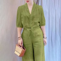 ZANZEA Vrouwen Zomer Dagelijkse Twee delige Set Stijlvolle Bubbelmouwen Katoen Linnen Top & Wijde Pantalon Casual Set Pl