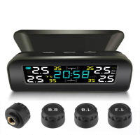 Zonnebandenspanningmonitor TPMS Auto TPMS Draadloze bandenspanningmonitor Klok LCD scherm met 4 externe sensoren