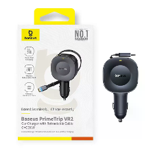 Baseus PrimeTrip VR2 30W 2 poorts USB autolader met Type C oprolbare kabel, snelladen, 360° rotatie voor iPhone 17 17Pro