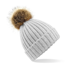 Beechfield gebreide wintermuts met bruine nep bont pompon   grijs   dames/heren