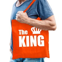 Bellatio Decorations Katoenen tas / shopper oranje the king met witte kroon heren