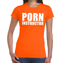 Bellatio Decorations Porn instructor tekst t shirt oranje dames
