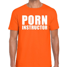 Bellatio Decorations Porn instructor tekst t shirt oranje heren