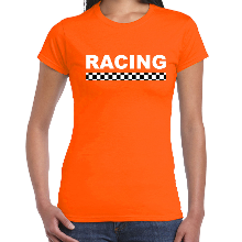 Bellatio Decorations Racing coureur supporter / finish vlag t shirt oranje voor dames