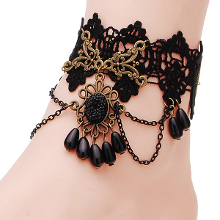 Black Lace Rhinestone Anklet Vintage Lolita Beads Anklet