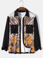 ChArmkpR Heren Casual Lange Mouw Shirt Vintage Geometrische Print Patchwork Flap Pocket Lapel Shirt zonder T shirt