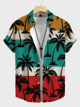 Charmkpr Mens Coconut Tree Print Color Block Vacation Short Sleeve Shirts