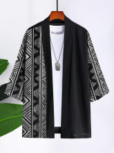 Charmkpr Mens Vintage Geometric Pattern Patchwork Loose 3/4 Sleeve Kimono