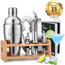 Cocktailset Godmorn Roestvrijstalen cocktailshakerset 14 delig met betere bamboestandaard