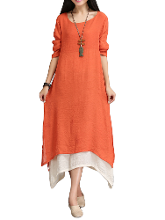 Elegant Women False Two Piece Boho Loose Cotton Linen Maxi Dress