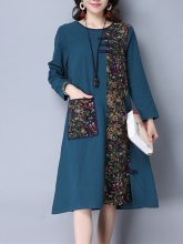 Gracila Floral Printed Patchwork Long Sleeve Pocket Women Vintage A Line Dresses