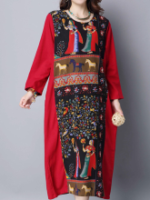 Gracila Spring Vintage Printed Patchwork Long Sleeve Robe Maxi Dresses