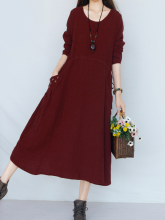 Gracila Vintage Women Pocket Embroidery O Neck Long Sleeve Maxi Dresses