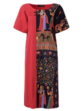 Gracila Vintage Women Short Sleeve Loose Printed Plate Button Dresses