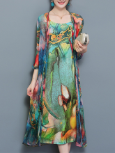 Gracila Vintage Women Two Pieces Set Straps 3/4 Sleeve Print Dresses