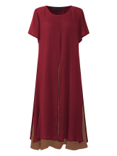 Gracila Women Short Sleeve Fake Two Pieces Vintage Dresses