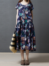 Gracila Women Short Sleeve Floral Print O Neck Loose Vintage Dresses