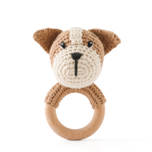 Mijn Hummeltje CuddleRattle – Zacht & Speels – Gehaakte Baby Rammelaar met Houten Ring Hond | Educatief Speelgoed
