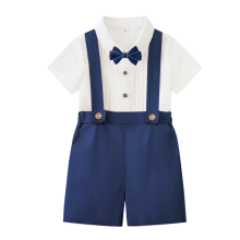 Mijn Hummeltje LittleDandy – Klassiek & Elegant – Katoenen Shorts met Bretels, Strikje & Overhemd Marineblauw (korte mouwen) / 80 (12–18 maanden) | Educatief Speelgoed