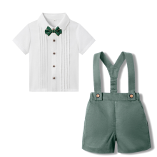 Mijn Hummeltje LittleDandy – Klassiek & Elegant – Katoenen Shorts met Bretels, Strikje & Overhemd Olijfgroen (korte mouwen) / 110 (3–4 jaar) | Educatief Speelgoed