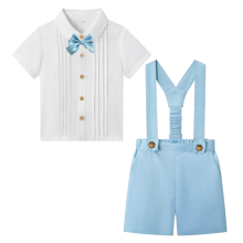 Mijn Hummeltje LittleDandy – Klassiek & Elegant – Katoenen Shorts met Bretels, Strikje & Overhemd Lichtblauw (korte mouwen) / 110 (3–4 jaar) | Educatief Speelgoed