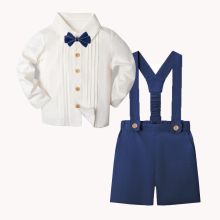 Mijn Hummeltje LittleDandy – Klassiek & Elegant – Katoenen Shorts met Bretels, Strikje & Overhemd Marineblauw (lange mouwen) / 80 (12–18 maanden) | Educatief Speelgoed