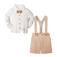 Mijn Hummeltje LittleDandy – Klassiek & Elegant – Katoenen Shorts met Bretels, Strikje & Overhemd Licht kaki (lange mouwen) / 110 (3–4 jaar) | Educatief Speelgoed