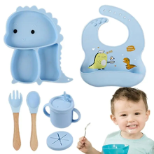 Mijn Hummeltje Dino Tablewear Set™   7 delige set   Siliconen Kinderservies Blauw | Educatief Speelgoed