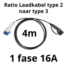 Ratio Laadkabel type 2 naar type 3   1 fase 16A   4 meter