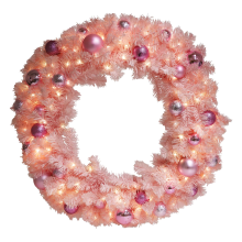 Practo Home verlichte kerstkrans   roze   Diameter 80 cm   90 warm witte ledlampjes   met kerstballen