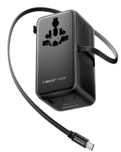 MOMAX 1 World²+ 100 W GaN Universele Reisadapter met Dubbele AC stopcontacten & Ingebouwde Oplaadkabel