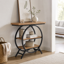 LANTINE consoletafel, 100 cm, industriële salontafel met dik blad, bijzettafels met geometrisch metalen frame, voor woonkamer, entree, rustiek bruin