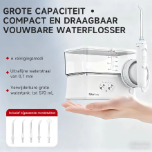 H2ofloss draagbare monddouche, 6 standen, 5 sproeikoppen, 2500 mAh batterij, watertank van 570 ml, IPX7 waterdicht, wit