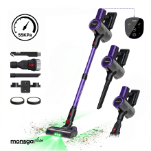MONSGA M100 Paarse draadloze stofzuiger, 55000 Pa 45 min stofzuigers voor thuis, Touch display, Groen licht onthult stof, Anti klit staande stofzuiger zelfstaand, Stofzuiger draadloos oplaadbaar voor huisdierenhaar/tapijt