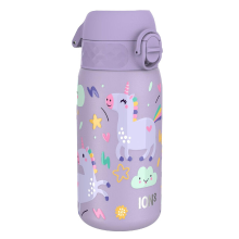 ION8 Waterfles voor kinderen, lichtgewicht staal, 400 ml/13 oz, lekvrij, niet geïsoleerd, eenvoudig te openen, veilige vergrendeling, vaatwasserbestendig, flip dop, draaggreep, eenvoudig te reinigen, metalen waterfles, paarse eenhoorns