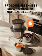 PURE COOK 304 roestvrijstalen ronde voedselbewaardozen met transparante PP deksels en zwarte clips – set van 4