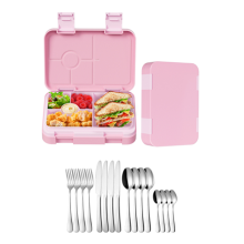 [Maaltijdset] Meoky 5 vaks bento lunchbox met dubbele sluitingen   Roze + Fangyuan 16 delige bestekset zilverkleurig roestvrij staal met mes, hoogwaardig roestvrijstalen bestek
