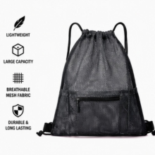 WhereHike Mesh trekkoordtas met ritsvakken rugzakken outdoorkleding fitnesszakken sportuitrusting opbergtas duurzame mesh sportorganizer, gradiënt grijs