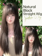 ANYTIME Lange Rechte Synthetische Haarpruik voor Dames, 28 Inch Natuurlijk Donker Theebruin Gepluiste Gelaagde Haarpruik met Salon Lichte Snit Air Bangs, Verbeterde Zachte Onzichtbare Hittebestendige Haarpruik voor School, Dagelijks Gebruik, Dates en Self